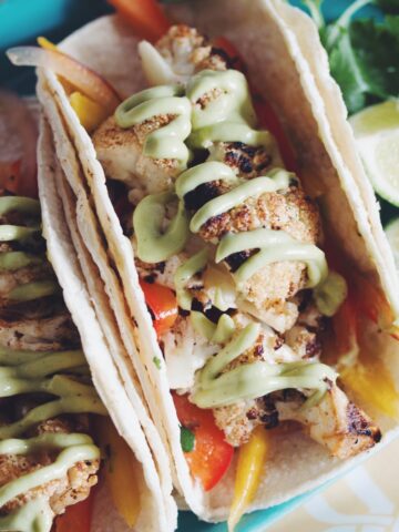 grilled cauliflower tacos with mango slaw & avocado crema_hot for food