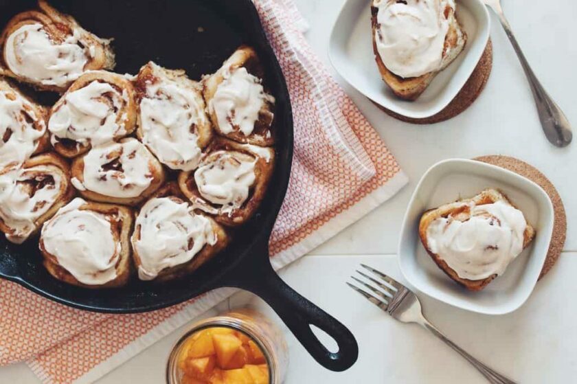 spiced peach cinnamon rolls with whiskey peaches_hot for food
