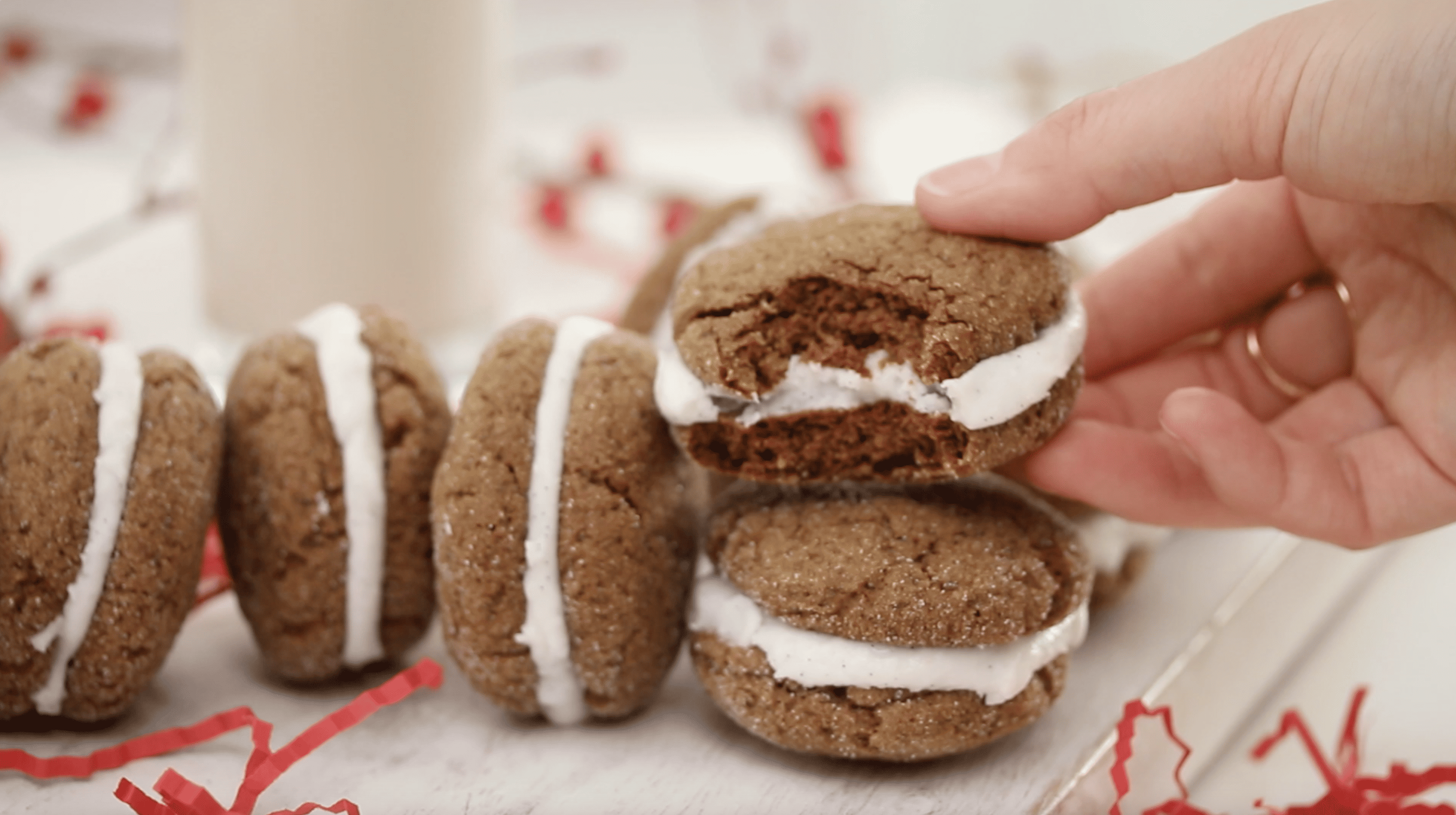 close up the inside of gingerbread sandwich cookies