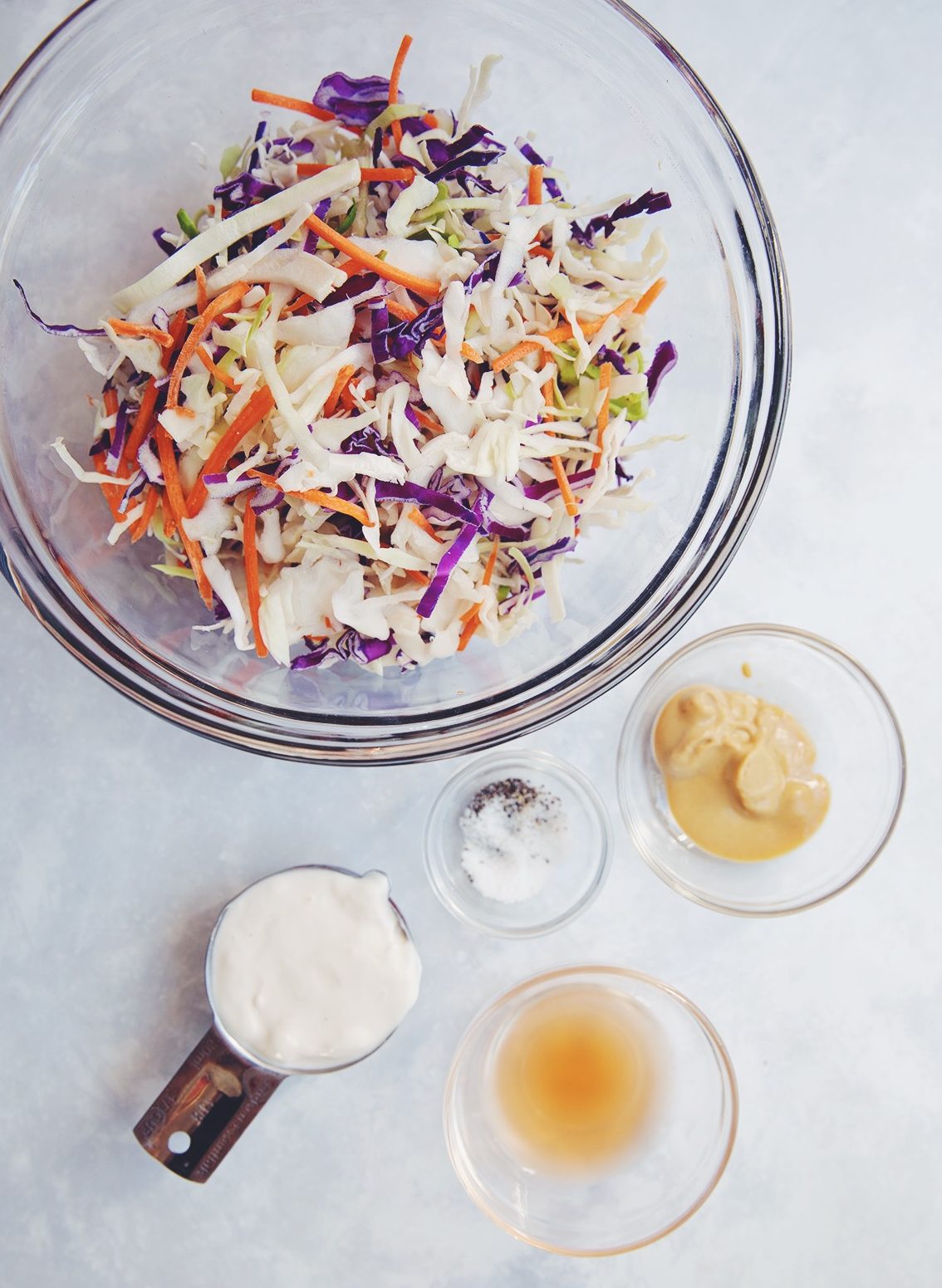 overhead of ingredients for creamy coleslaw