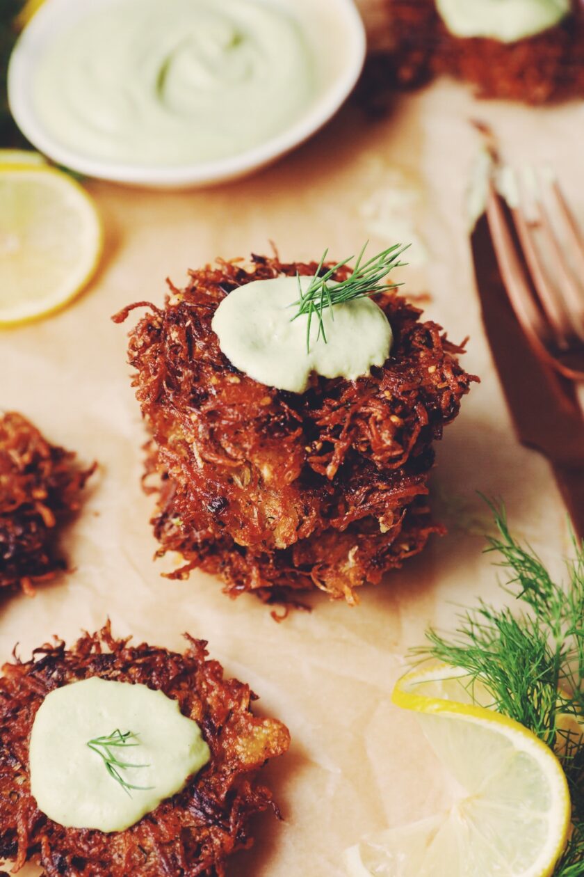potato sauerkraut latkes with lemon dill sour cream vegan recipe