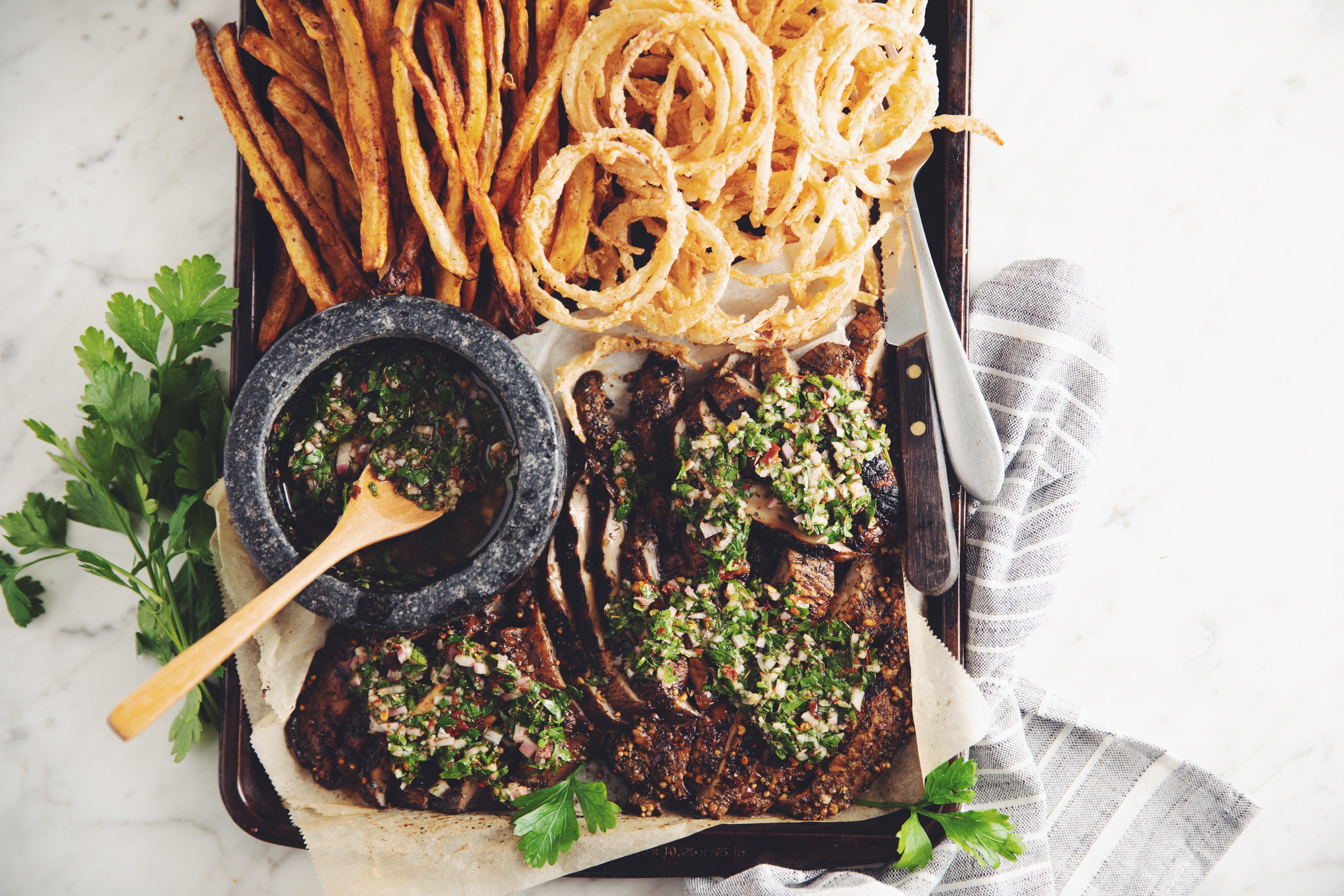 grilled portobello steaks with chimichurri & onion strings_hot for food