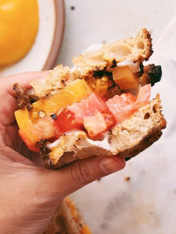 hand holding a miso butter tomato sandwich