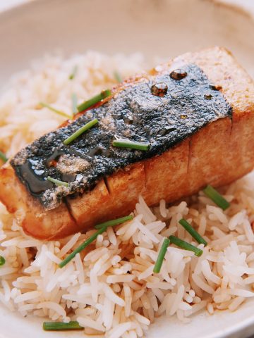 tofu salmon on a bed of rice