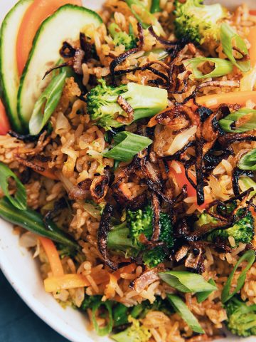 overhead of a plate of nasi goreng indonesian fried rice