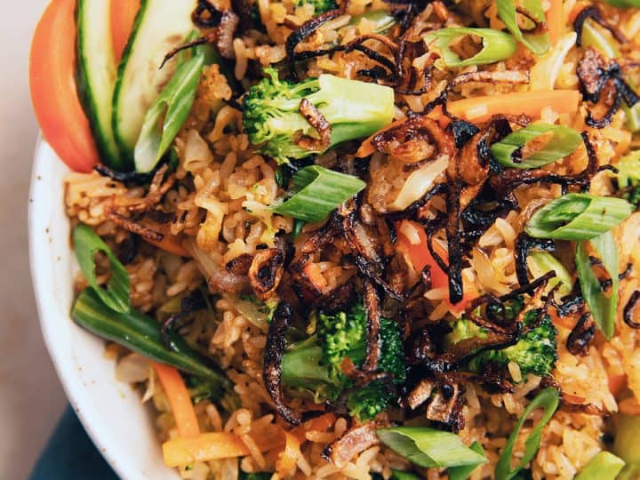 overhead of a plate of nasi goreng indonesian fried rice