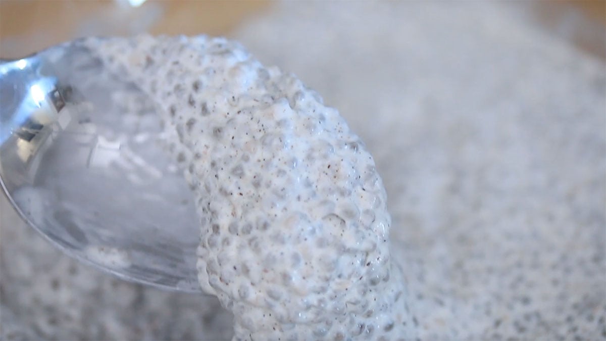 a spoonful of set coconut milk and chia seed pudding