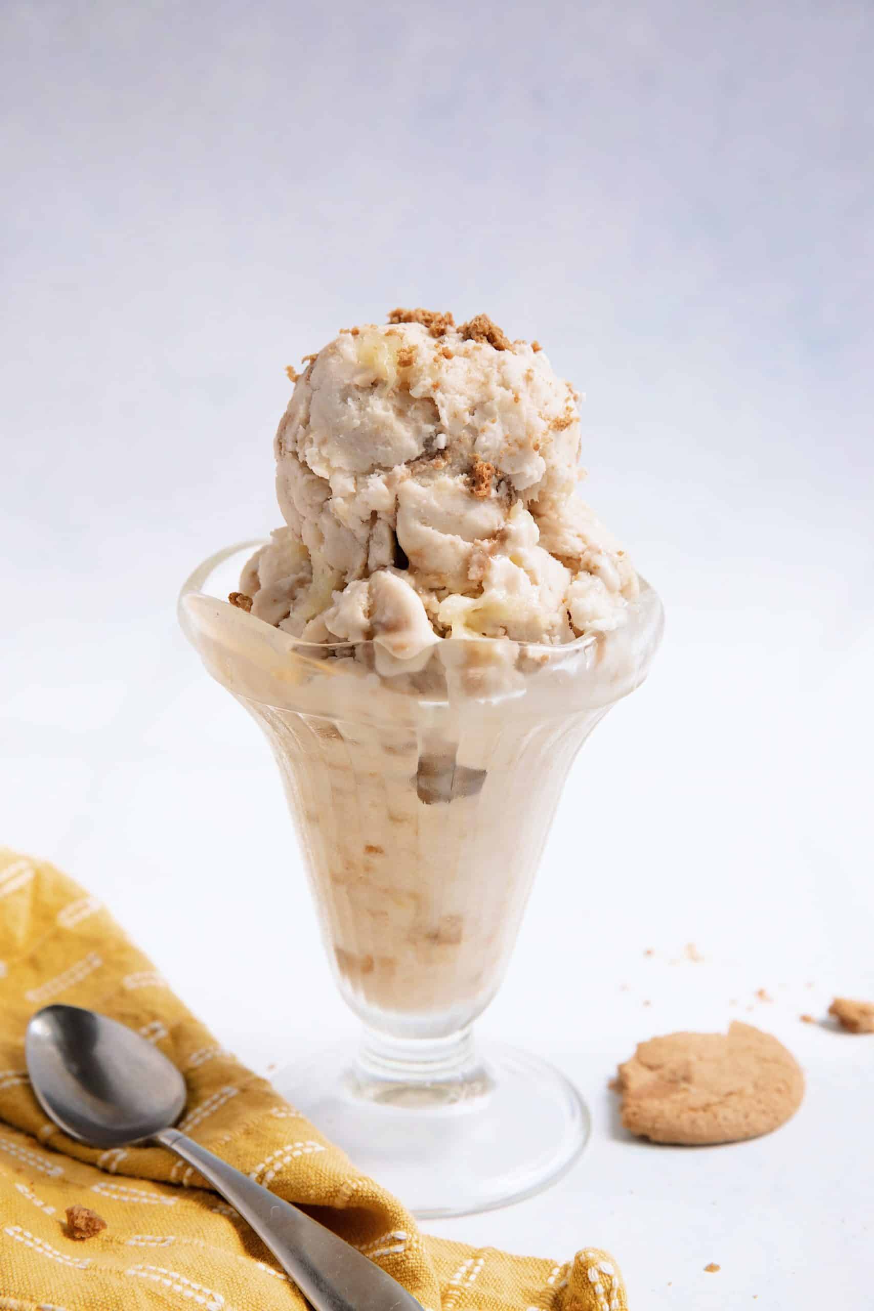 side view of pineapple ginger snap ice cream in a large cup