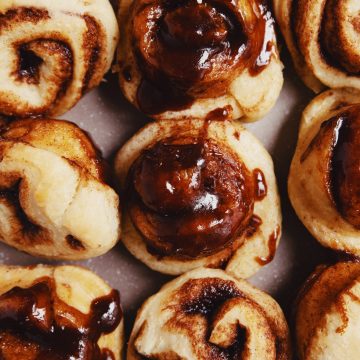 overhead of miso caramel cinnamon rolls